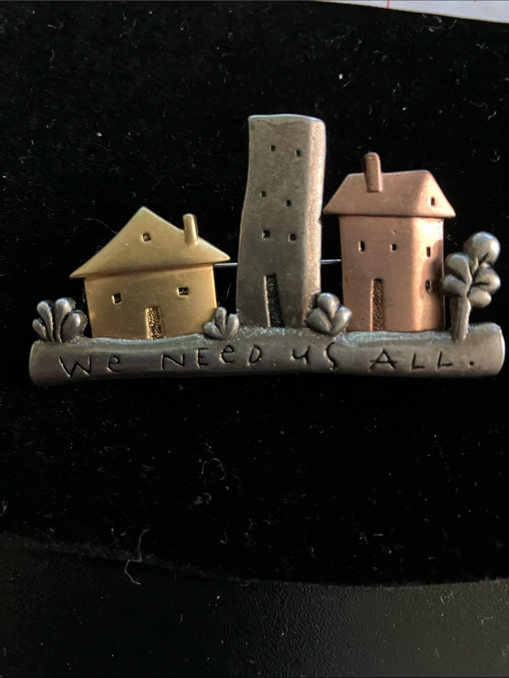 Trio House Pin Brooch - Mixed Metal Tones